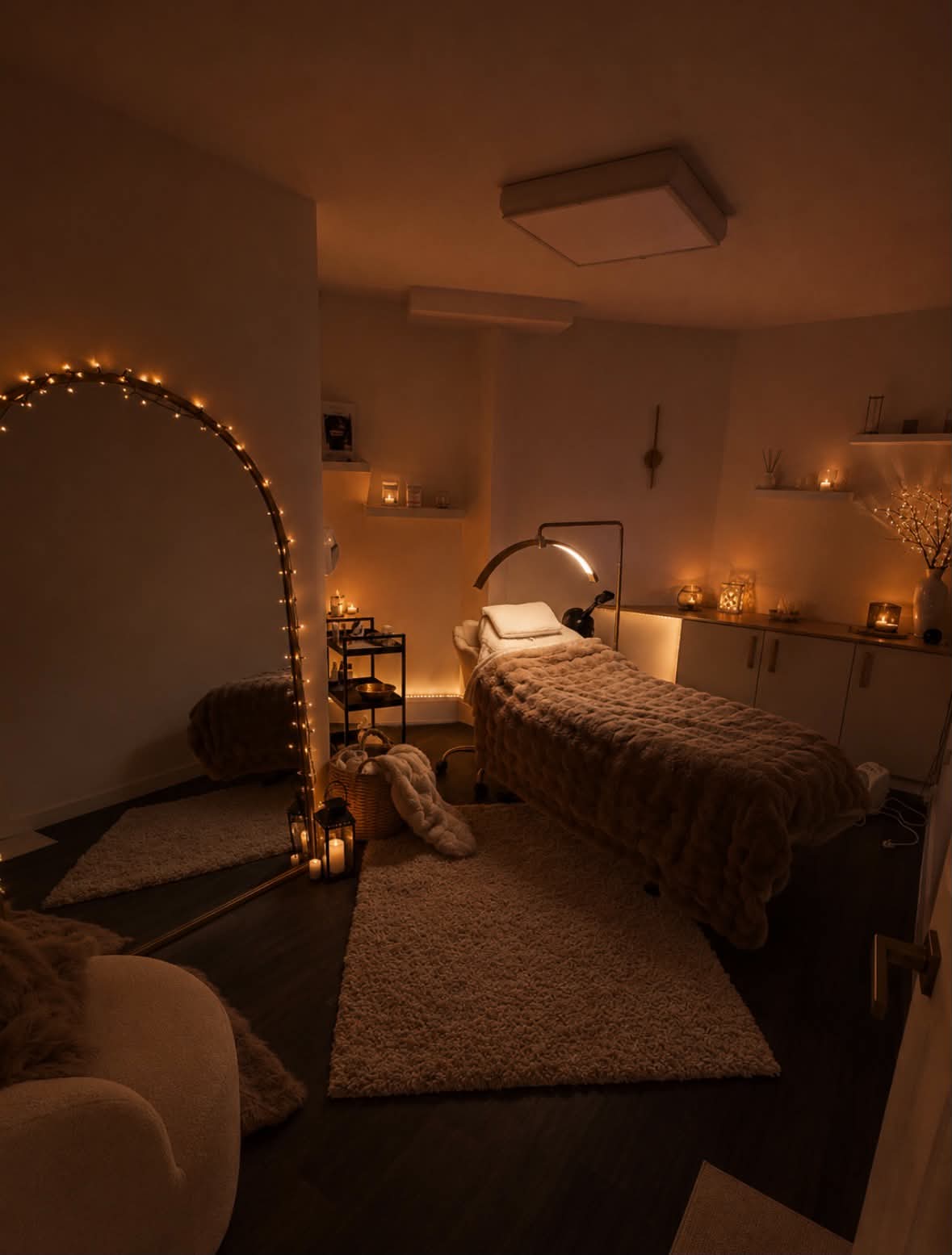 The treatment room at Davencia HQ, lit by candles with an arched mirror