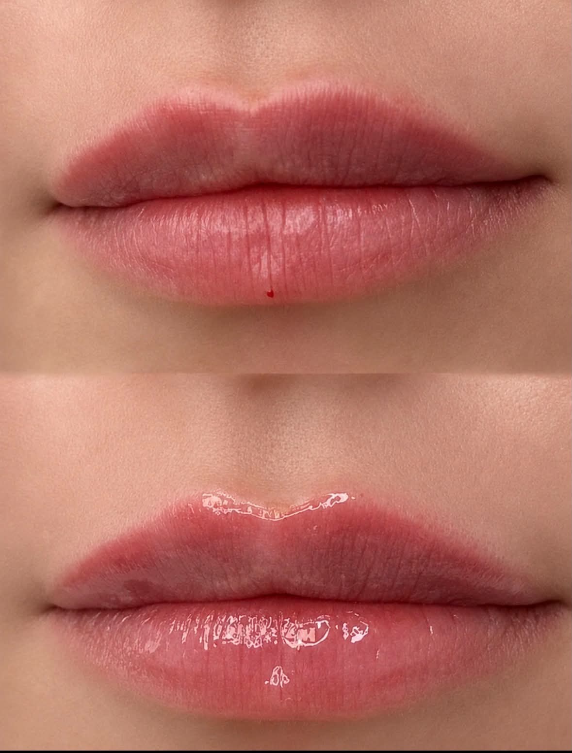 Lip filler before and after, showing added definition and balance